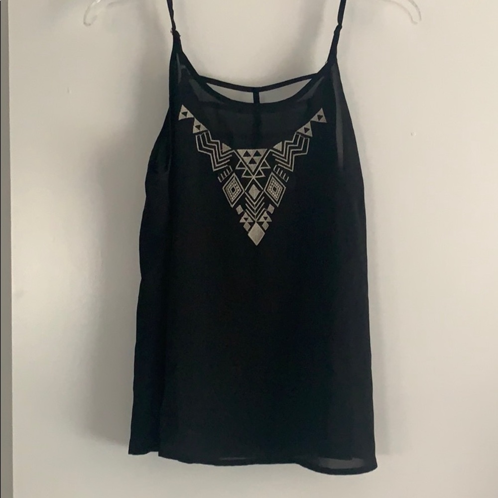 Black sheer tank top with embroidered pattern